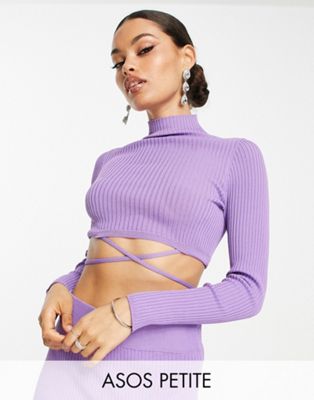 ASOS DESIGN Petite co-ord crop knitted top with tie detail in purple - ASOS Price Checker