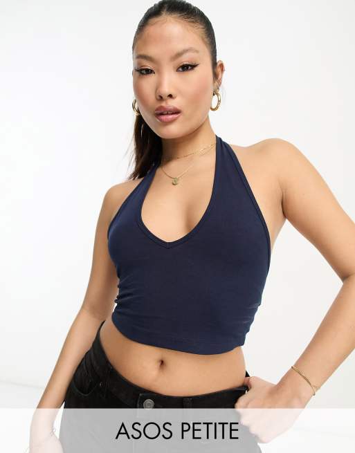 ASOS DESIGN Petite - Crop top met halternek in marineblauw