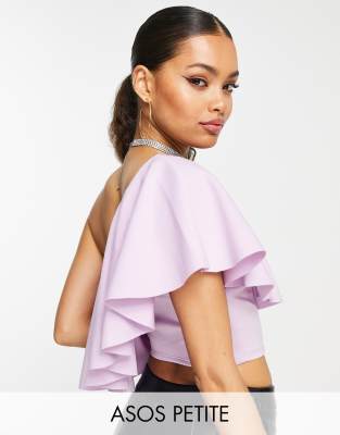 ASOS DESIGN Petite - Crop top monospalla con volant in scuba lilla