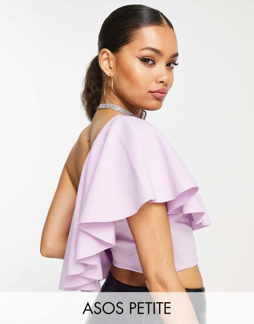 ASOS DESIGN Petite - Crop top van scubastof met blote schouder in lila