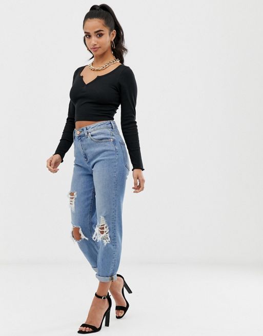 ASOS DESIGN Petite fitted crop t-shirt with long sleeve in black