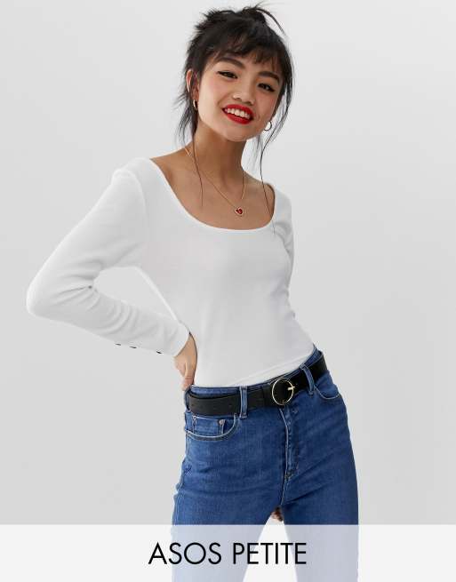 ASOS DESIGN Petite crop top with scoop neck and long sleeve with buttons