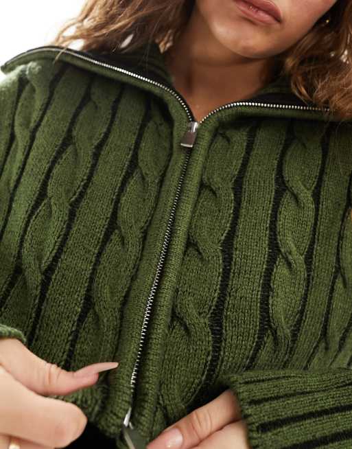 ASOS DESIGN Petite crop zip cardigan with cable detail in khaki, 3 of 4