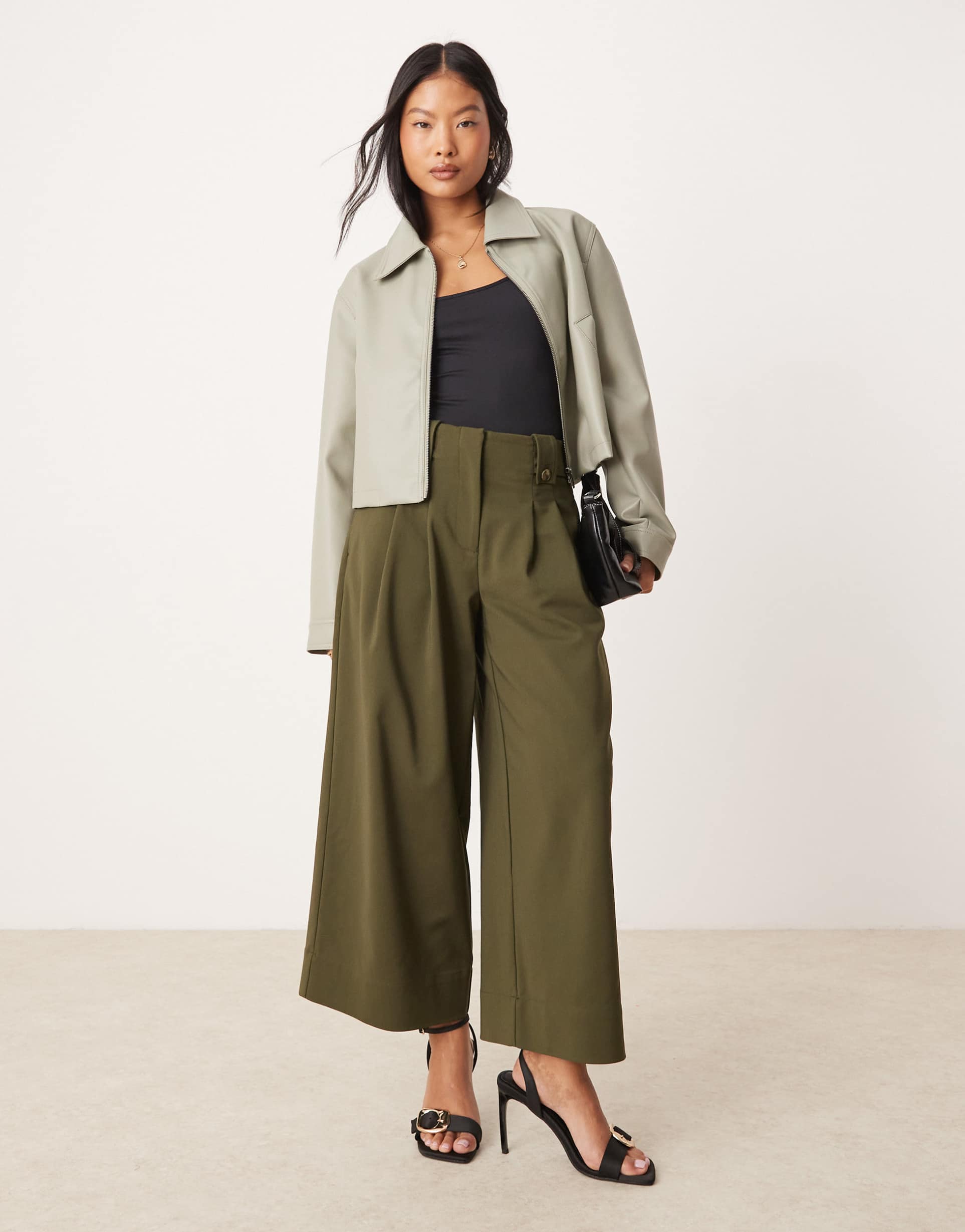 asos design petite cropped adjustable tab waist pants in olive