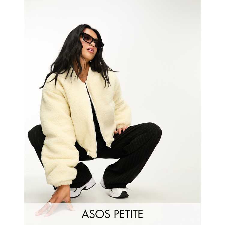 ASOS DESIGN Petite cropped bomber jacket fleece in ecru