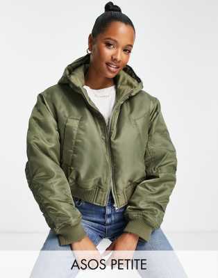 ASOS DESIGN Petite cropped bomber jacket in khaki | ASOS