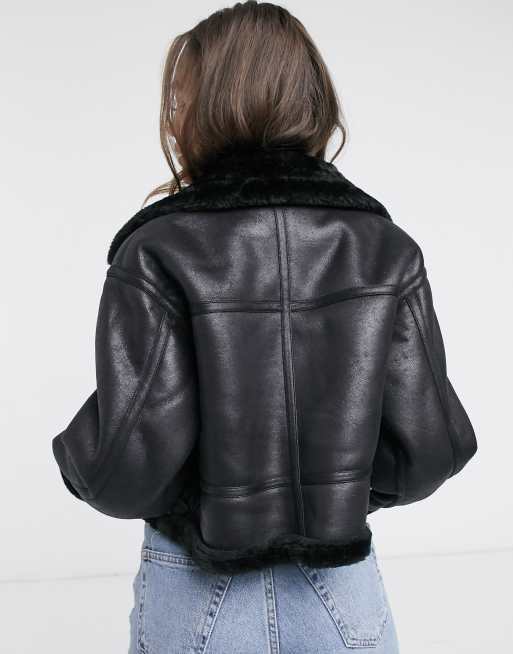 Black cropped cheap aviator jacket