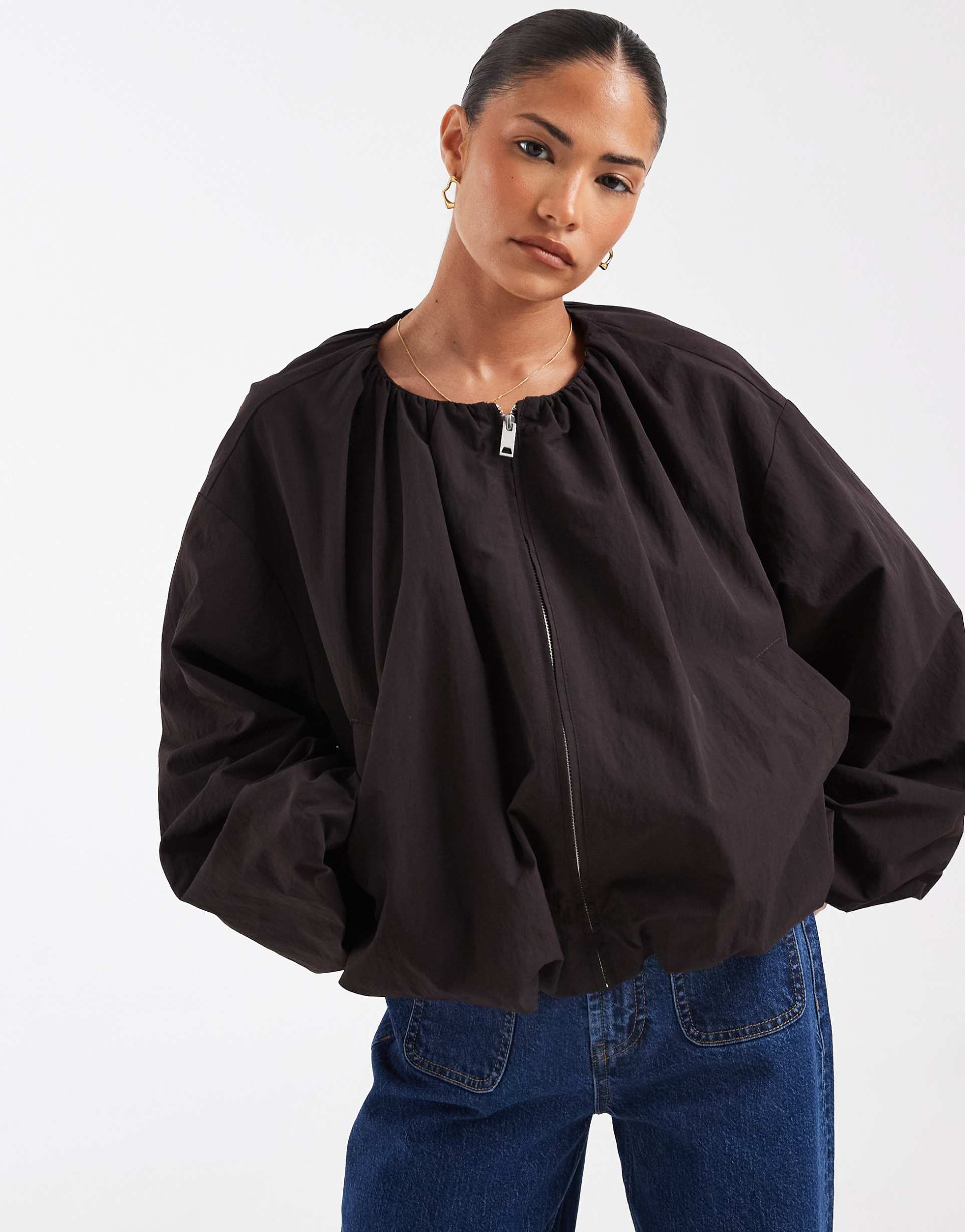 asos design petite cropped bubble hem nylon bomber jacket in chocolate