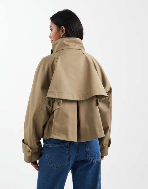 ASOS DESIGN Petite cropped cape detail trench coat in rye, 3 of 4