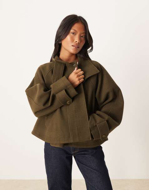 ASOS DESIGN Petite cropped cape formal coat in olive - view 1