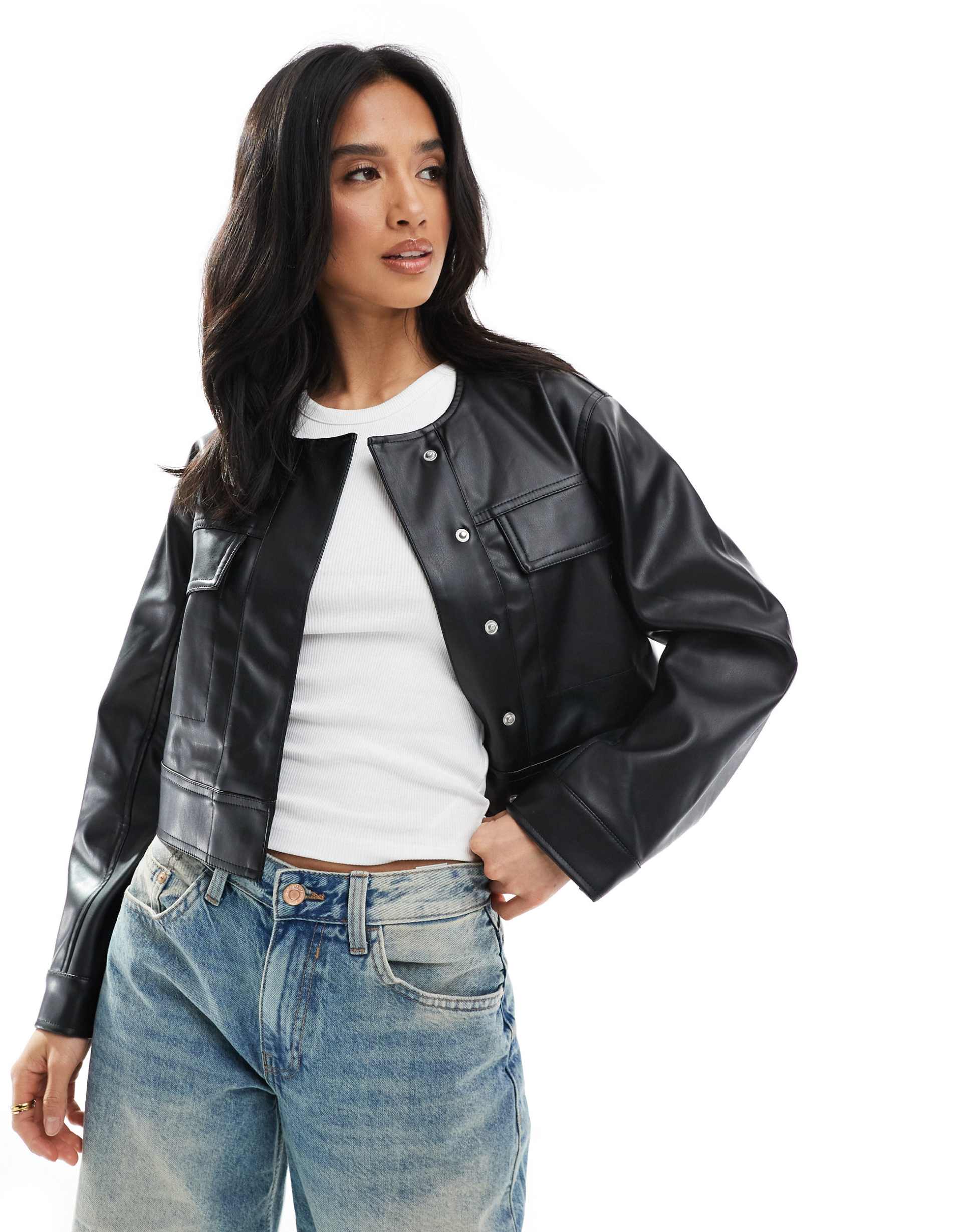 asos design petite cropped collarless leather look jacket in black