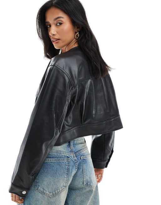 ASOS DESIGN Petite cropped collarless leather look jacket in black