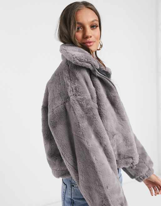 Grey cropped sale fur jacket