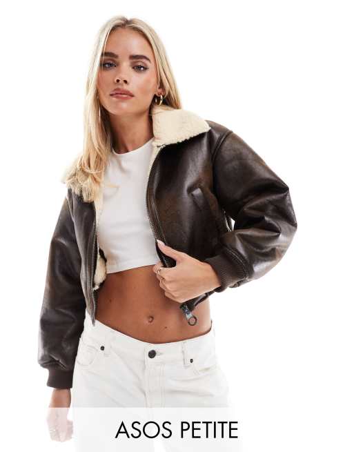 ASOS DESIGN Petite cropped flight jacket in brown