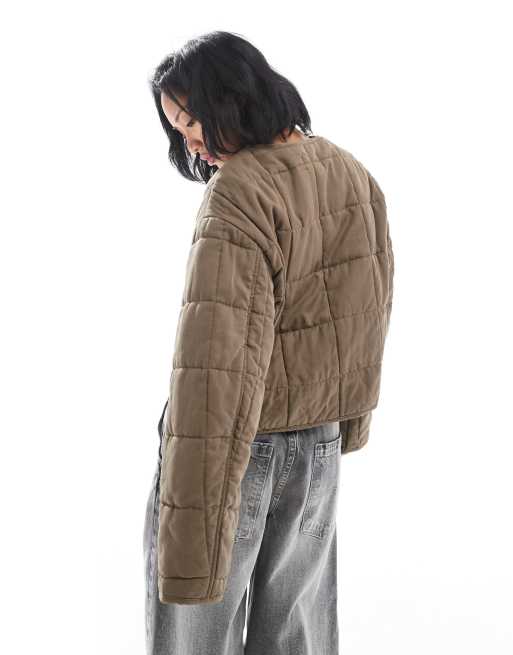 ASOS DESIGN Petite - Cropped gewatteerd jack zonder kraag in champignon, 3 van 4