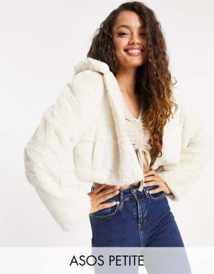 Asos Petite Asos Design Petite Cropped Hooded Faux Fur In Cream-white