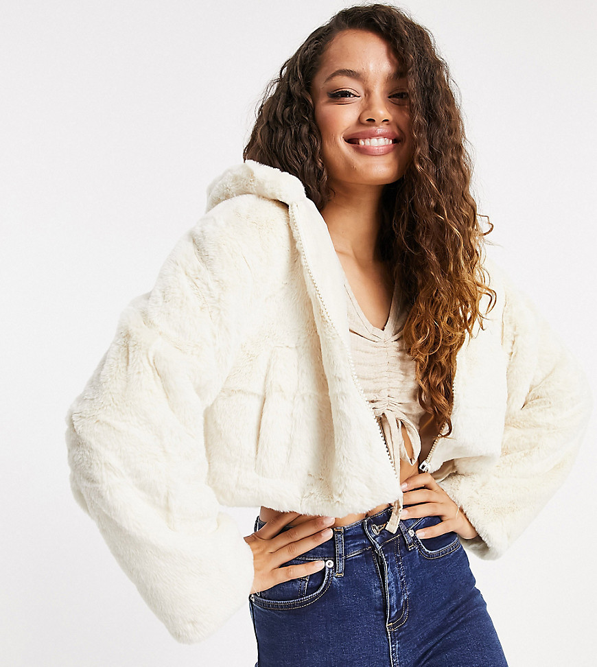 ASOS DESIGN Petite cropped hooded faux fur in cream-White
