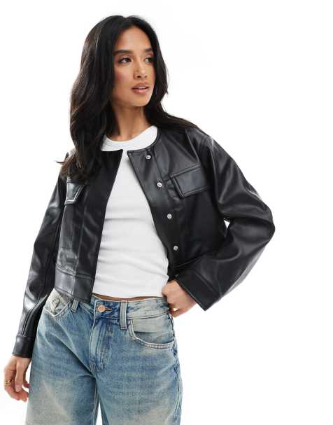 ASOS DESIGN Petite - Cropped jack zonder kraag met leerlook in zwart - view 1
