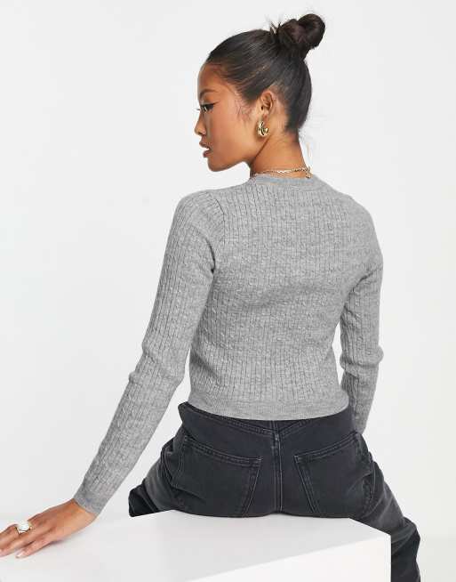 ASOS DESIGN Petite cropped jumper in mini cable stitch in grey marl ASOS