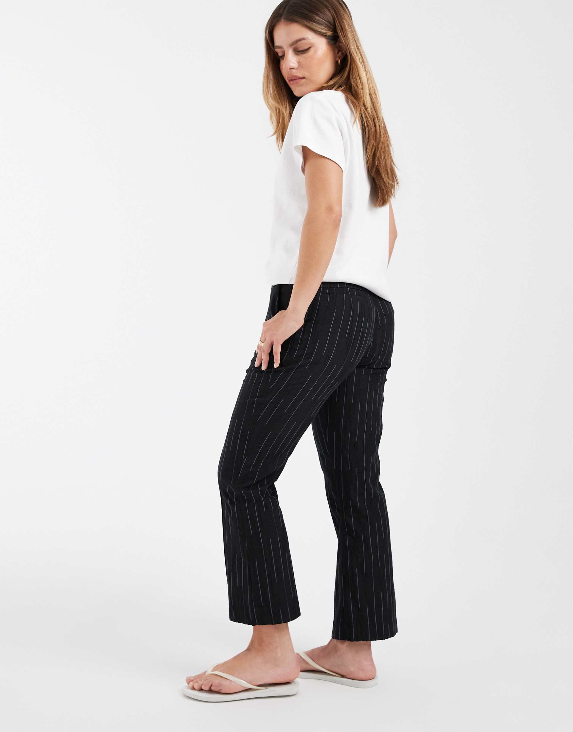 asos design petite cropped kick flare pants in black textured stripe
