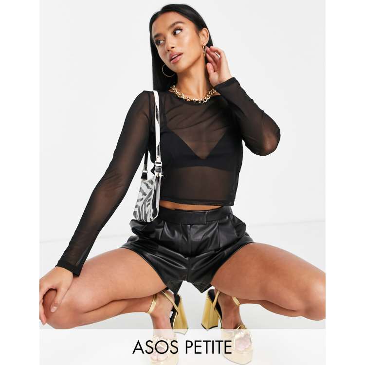 ASOS DESIGN Petite cropped long sleeve mesh top in black - BLACK