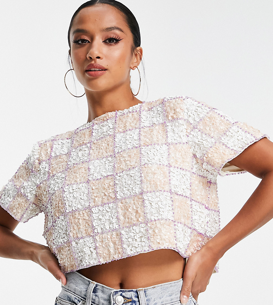 ASOS DESIGN Petite cropped open back t-shirt in pink sequin checkerboard