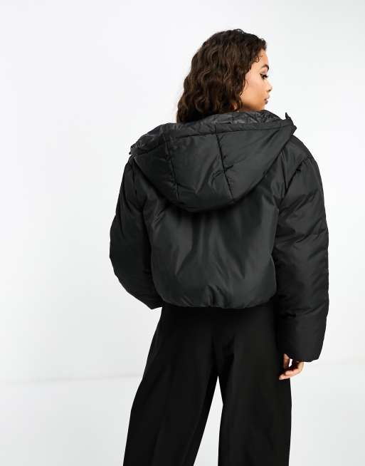 Topshop Petite padded crop puffer jacket with hood in black