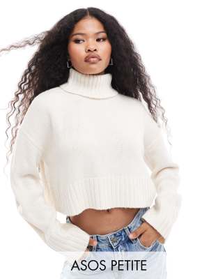 ASOS DESIGN Petite cropped roll neck sweater in cream-Black