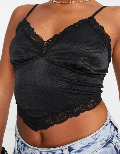 Black silk lace trim top with spaghetti straps and curved hem