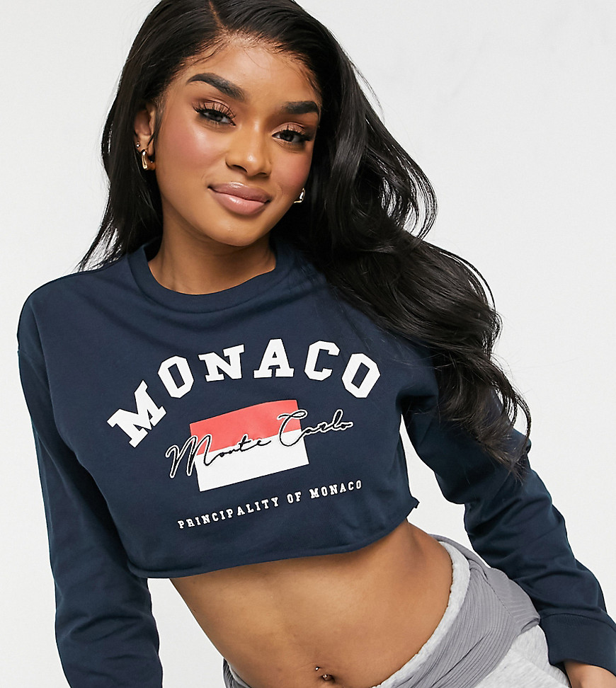 ASOS DESIGN Petite cropped t-shirt with monaco embroidery in navy-Black