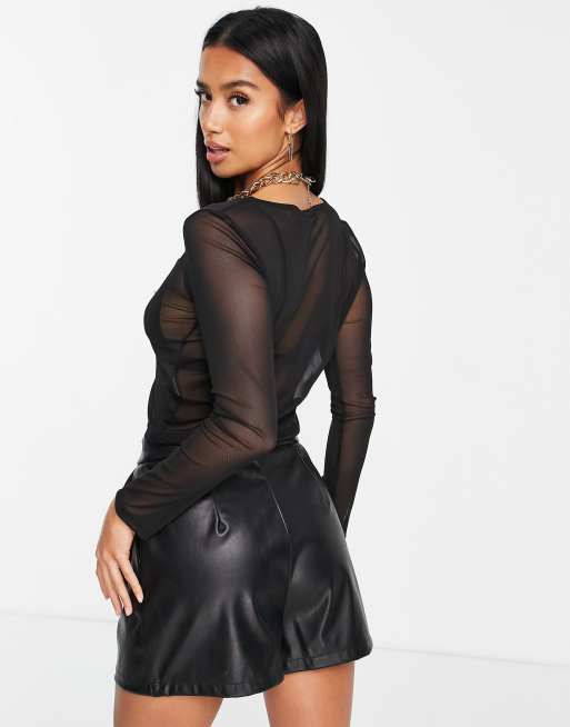 ASOS DESIGN Petite - Cropped top van mesh met lange mouwen in zwart , 2 van 4