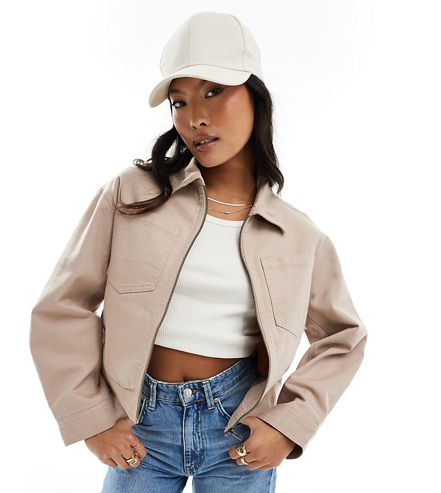 ASOS DESIGN Petite cropped twill jacket in dusty pink-Neutral
