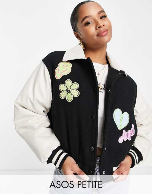 ASOS DESIGN Petite - Cropped varsity bomberjack in zwart 