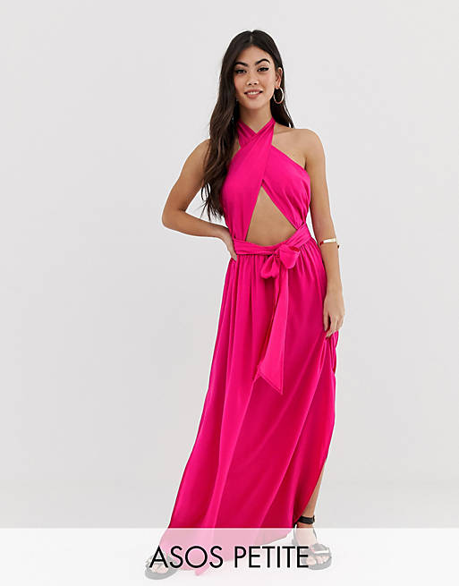 ASOS DESIGN Petite cross neck split front maxi dress in pink | ASOS