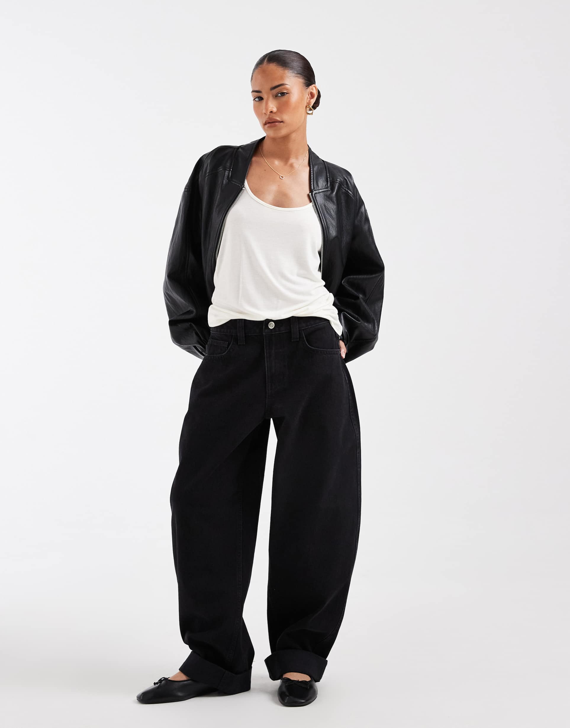 asos design petite cuffed hem relaxed mom jeans in black