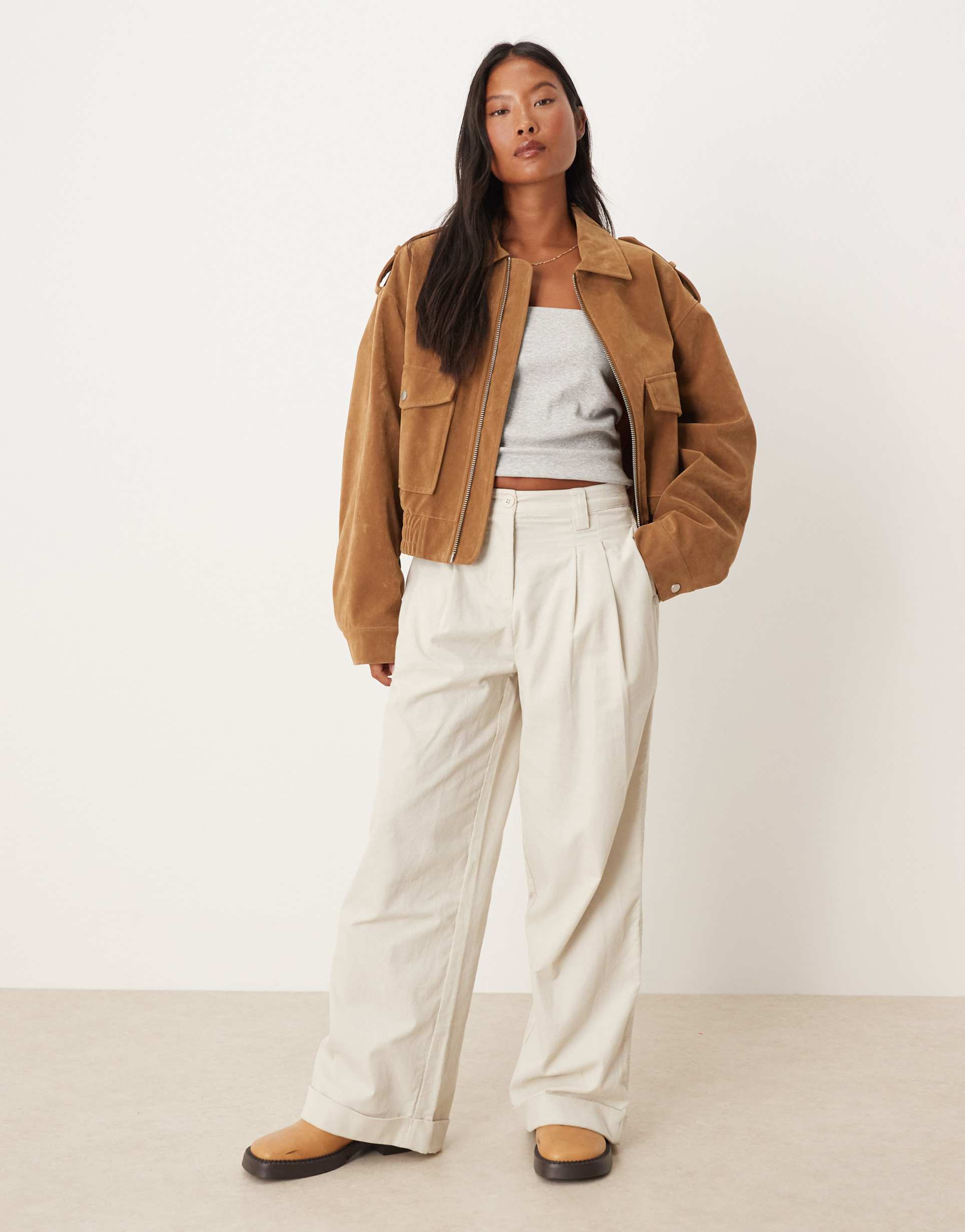 asos design petite cuffed hem wide leg corduroy pants in cream
