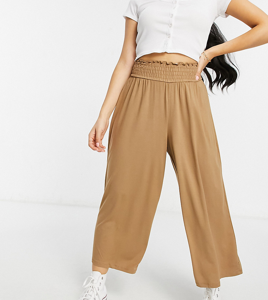 ASOS DESIGN Petite culotte pants with shirred waist in sand-Neutral