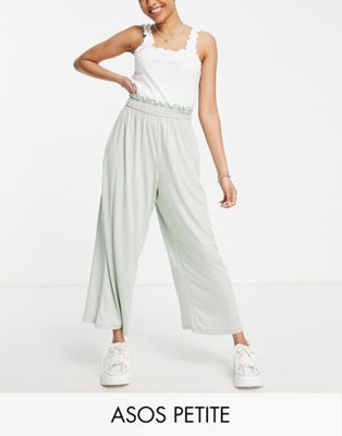 ASOS DESIGN Petite culotte trouser with shirred waist in moss green