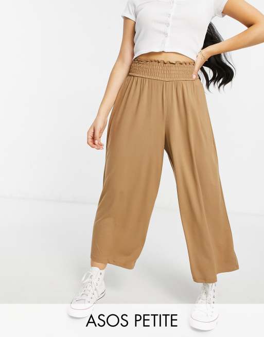 ASOS DESIGN Petite culotte trouser with shirred waist in sand
