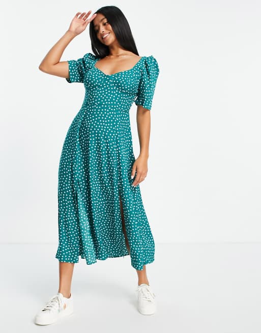 ASOS DESIGN Petite cupped maxi dress with slits in green white spot print