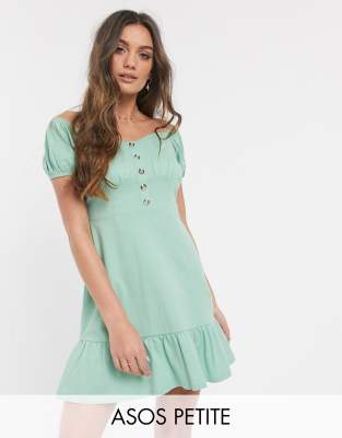 ASOS DESIGN Petite cupped off the shoulder tiered mini dress in mint-Green