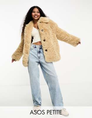 Asos Petite Asos Design Petite Curly Faux Sheepskin Jacket In Sand-neutral