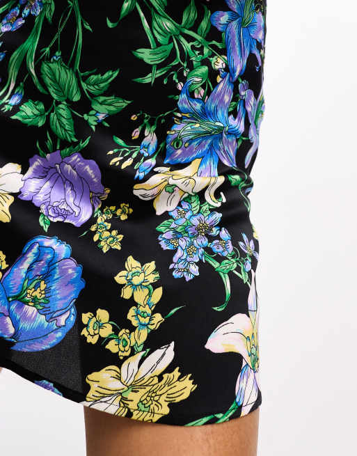 ASOS DESIGN Petite curved hem satin mini skirt in black based floral print, 3 of 4