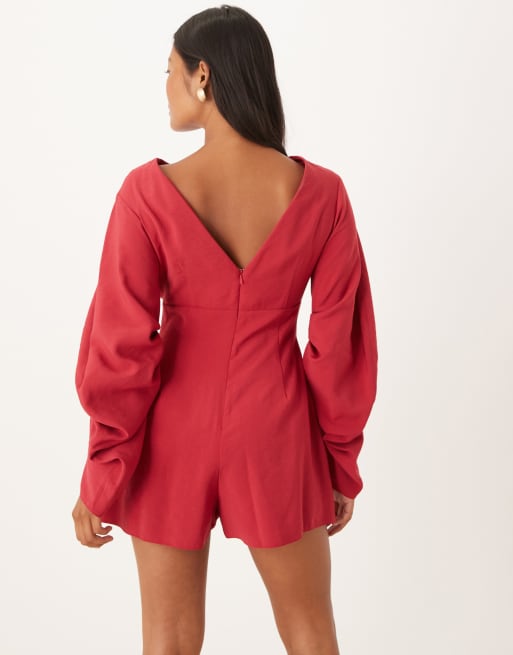 ASOS DESIGN Petite curved sleeve romper with pleating detail in raspberry