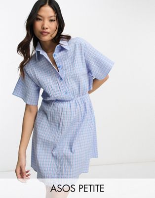 ASOS DESIGN Petite cut out back shirt mini dress with seersucker purple and blue check
