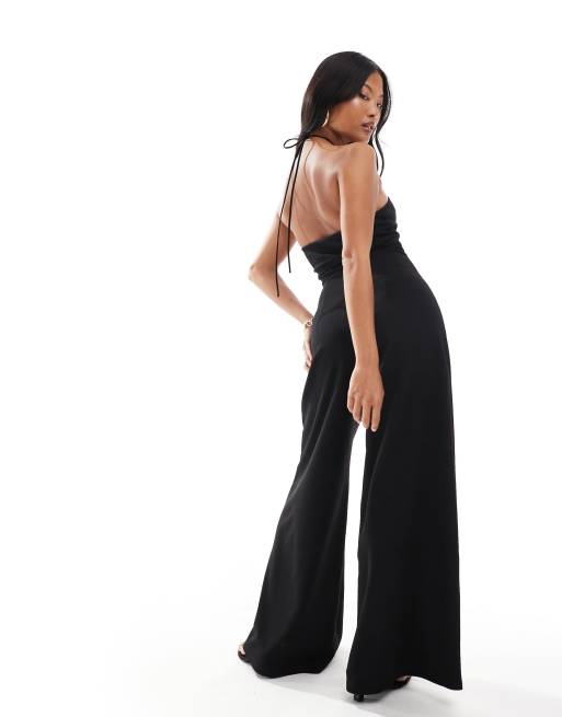 ASOS DESIGN Petite cut out halter wide leg jumpsuit in black, 3 of 4