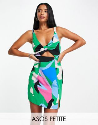 ASOS DESIGN Petite cut out knot front mini dress in bright abstract print - ASOS Price Checker