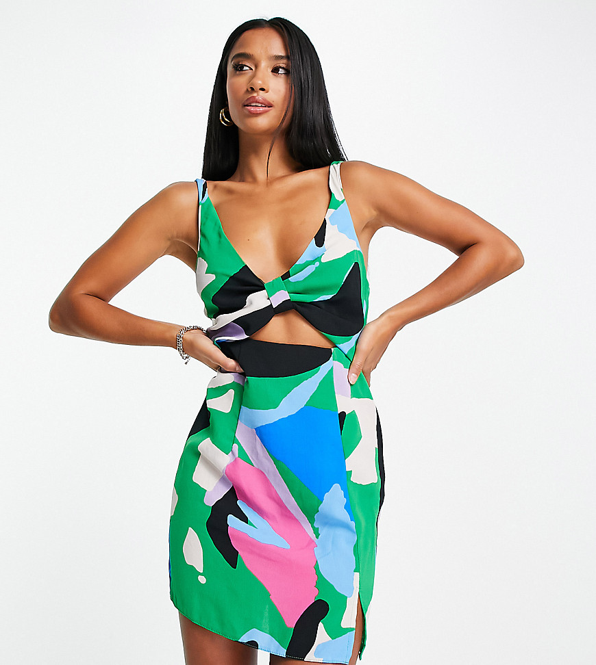 ASOS DESIGN Petite cut out knot front mini dress in bright abstract print-Multi