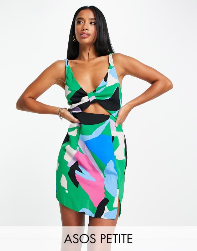 ASOS DESIGN Petite cut out knot front mini dress in bright abstract print