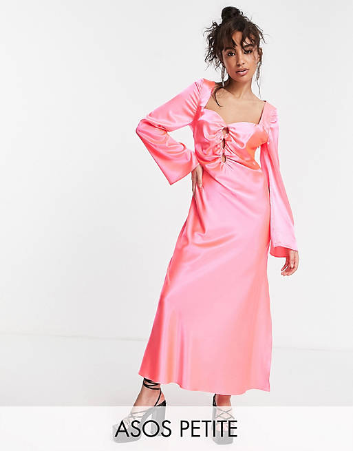 ASOS DESIGN Petite cutout satin midi tea dress in hot pink